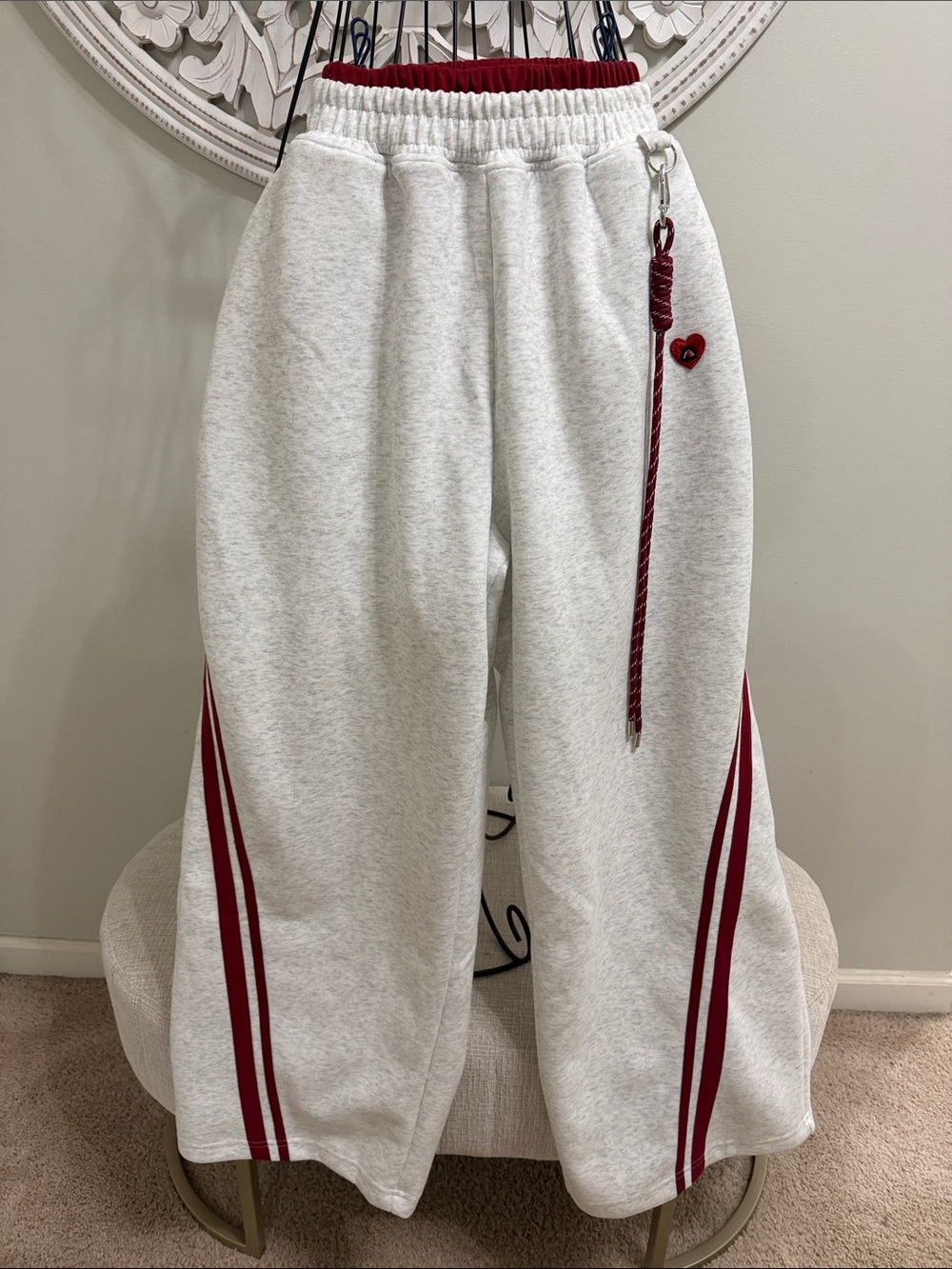 Aelfric Eden Light Gray Wide-Leg Track Pants with Burgundy Accents